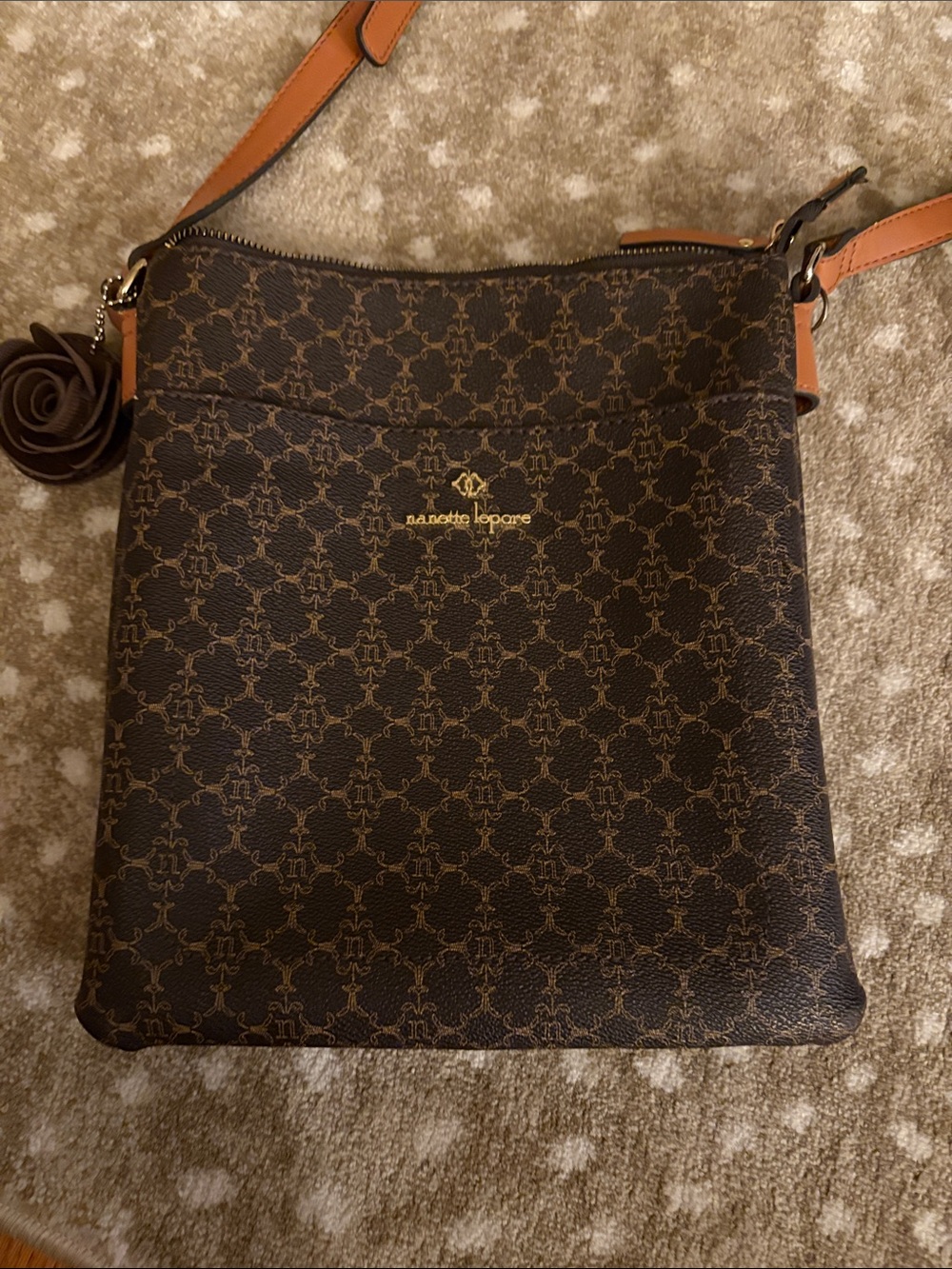 Nanette Lepore Chocolate Monogram Crossbody Bag - Tan Trim